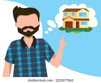 Joven con barba y bigote soñando con la casa, mostrando su hogar, casa, apartamento, apuntando, poniéndose al día, visualizando
