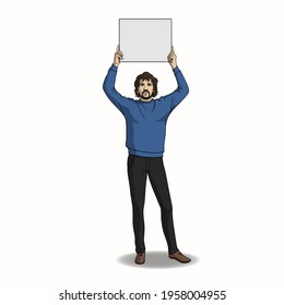 A young man with a beard and mustage, in black jeans and a blue sweater, holds a blank banner. The concept of a protest activist, a rally and advertisement in his hands. Vector illustration, EPS 10.