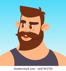 Young man with a beard on a sky background. Confident kind look of a strong man. Cartoon vector avatar. Flat design illustration. 