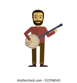 Young man with beard playing banjo. guitarist in flat cartoon style.