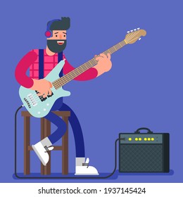 Young man with beard playing electric bass guitar with amplifier. Indie rock bass guitarist in flat cartoon style.