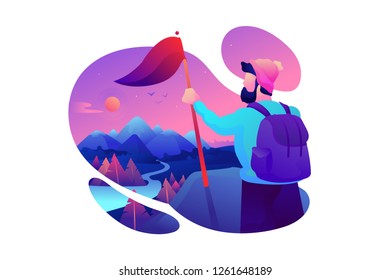 Young man with beard, red flag on top of mountain in background of wild forest and river. Concept traveler with backpack and equipment, leadership. Vector illustration.