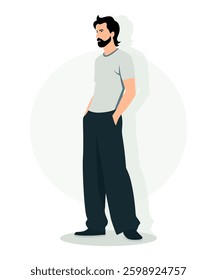 Young Man with a Beard in a Relaxed White T-Shirt and Loose Black Pants