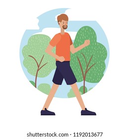 young man with beard running on the park