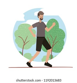 young man with beard running on the park