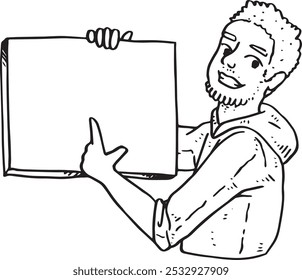 Junger Mann mit Bart, der ein Schild zeigt - handgezeichnete Vektorgrafik zur Kommunikation einer Nachricht | Unternehmenskarikatur