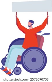 Young man with a beard sitting in a wheelchair, holding a blank banner during a protest, advocating for rights and fighting for equality in society