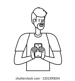 young man with beard and smartphone