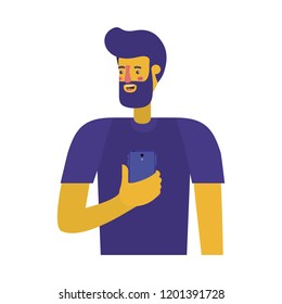 young man with beard and smartphone