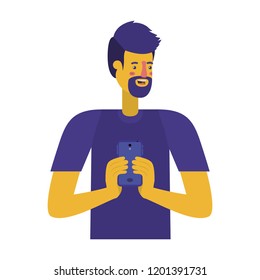 young man with beard and smartphone
