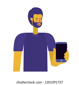 young man with beard and smartphone