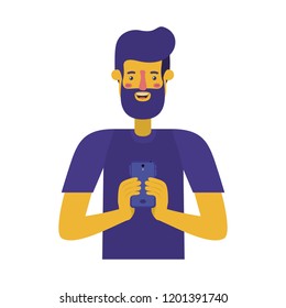 young man with beard and smartphone
