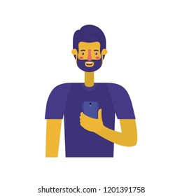young man with beard and smartphone
