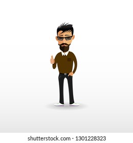 Young man with a beard and sunglasses. Trendy happy man- hipster shows gesture cool. Vector illustration in cartoon style - Vector