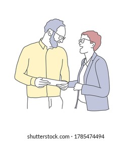 Young man with a beard and woman discuss their work. Hand drawn vector illustration.