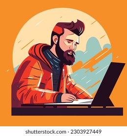 joven con barba trabajando y escribiendo