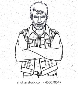 Young man bearded biker. Hand drawing vector illustration engraving style Best for tattoo salon poster, adult coloringbooks, t-shirt design