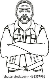 Young man bearded biker. Hand drawing vector illustration engraving style Best for tattoo salon poster, adult coloring books, t-shirt design