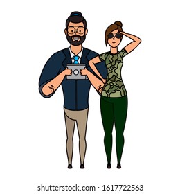young man bearded with military woman characters vector illustration