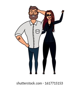 young man bearded with rude woman characters vector illustration design