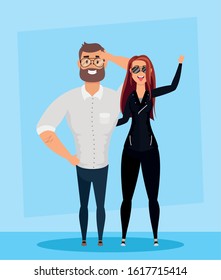 young man bearded with rude woman characters vector illustration design