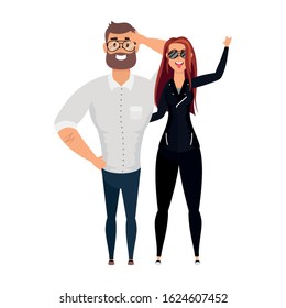 young man bearded with rude woman characters vector illustration design