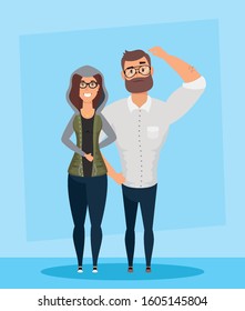 young man bearded with woman characters vector illustration design
