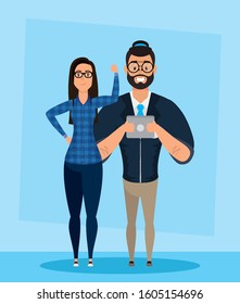 young man bearded with woman characters vector illustration design