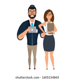 young man bearded with woman characters vector illustration design