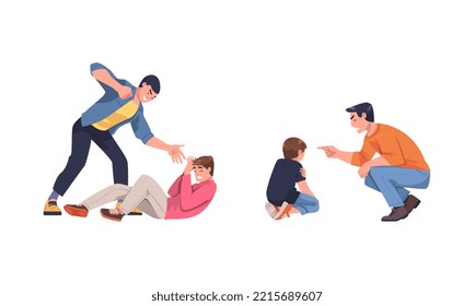 Young man beating another. Father treating his son. Domestic violence, conflicts between people cartoon vector illustration