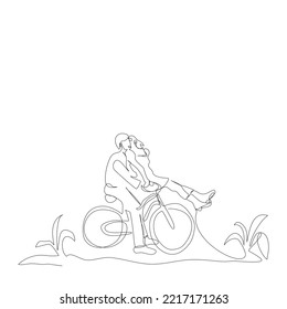 Young man and beautiful girl are biking and kissing on outdoor in single line drawing style.Couple in love  is dating together in park.Vector illustration flat continue line for Valentine’s Day.