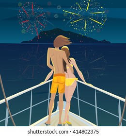 Young man and a beautiful girl standing on the deck at night and admire the fireworks over the island - Celebration or Festival concept. Vector illustration