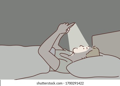 young man in bed couch at home late at night texting on mobile phone in low light relaxed in communication technology and internet social network concept. Hand drawn style vector design illustrations.