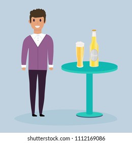 Young man with  beer bottle, mugs and glasses. Vector icon with alcoholic beverages. Wheat beer, lager, craft beer, ale.