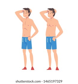 Young Man Before and After Weight Loss, Guy in Shorts, Male Body Changing Through Healthy Nutrition or Sports Vector Illustration