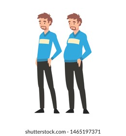 Young Man Before and After Weight Loss, Male Body Changing Through Healthy Nutrition or Sports Vector Illustration