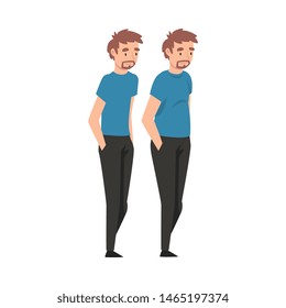 Young Man Before and After Weight Loss, Male Body Transformation Vector Illustration
