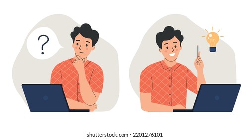 Young man before the laptop with question mark in think bubble and  finding new idea. Shiny light bulb. Flat style cartoon vector illustration. 