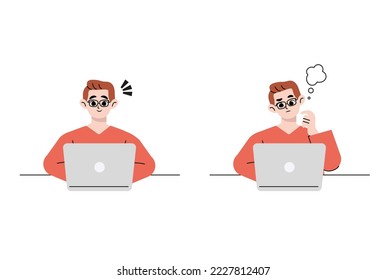 Young man before the laptop with question mark in think bubble and finding new idea. Shiny light bulb. Flat style cartoon vector illustration.