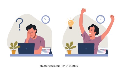 Young man before the laptop with question mark in think bubble and  finding new idea. Shiny light bulb. Flat style cartoon vector illustration. 