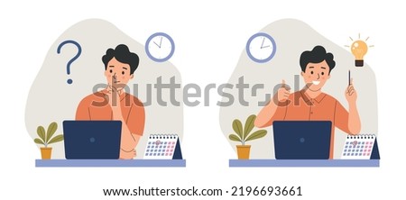 Young man before the laptop with question mark in think bubble and  finding new idea. Shiny light bulb. Flat style cartoon vector illustration. 