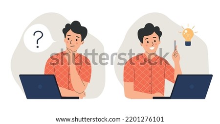 Young man before the laptop with question mark in think bubble and  finding new idea. Shiny light bulb. Flat style cartoon vector illustration. 