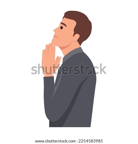 Young man begging and praying with hands together with hope expression on face very emotional and worried. Flat vector illustration isolated on white background