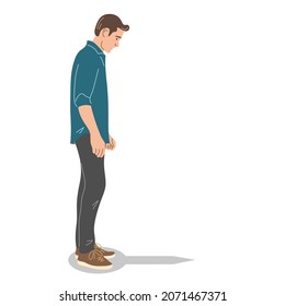 The young man begins the journey. The guy looks down, side view, full height. Flat vector illustration.