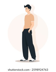 Young Man in a Beige Tank Top and Loose Black Pants in a Relaxed Pose