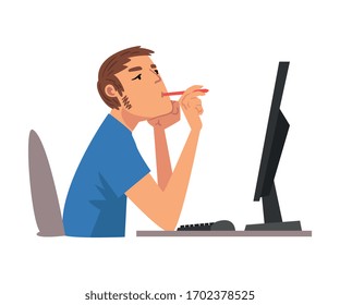 Young Man Being Bored with His Job, Lazy Employee Working with Computer Procrastinating at Workplace, Unmotivated or Unproductive Worker Character, Side View Vector Illustration