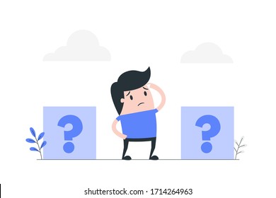 Young man between two mystery box. Making decision concept illustration.