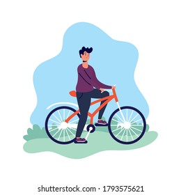 young man in bicycle activity vector illustration design