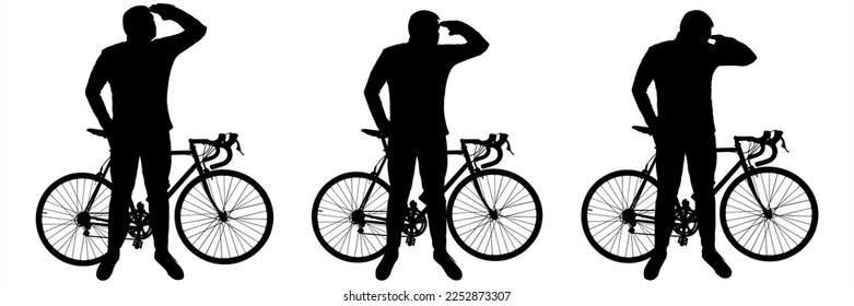 A young man with a bicycle examines everything around him, rotates his head to the sides, and holds his hand near his head. Bicycle: Side view. Man: front view, full face. Silhouette isolated on white
