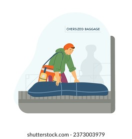 Young man with bicycle packed in a bag in airport checks in luggage lat vector illustration. Travelling by bike.